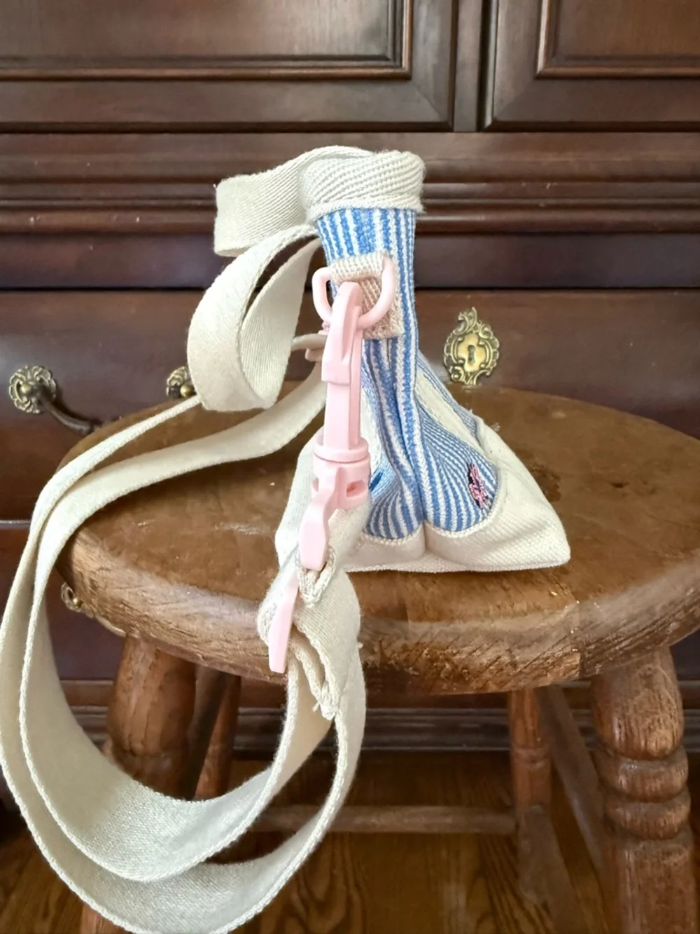 Girls Mini Canvas Tote Bag Blue Stripe Embroidered Floral Crossbody Purse
